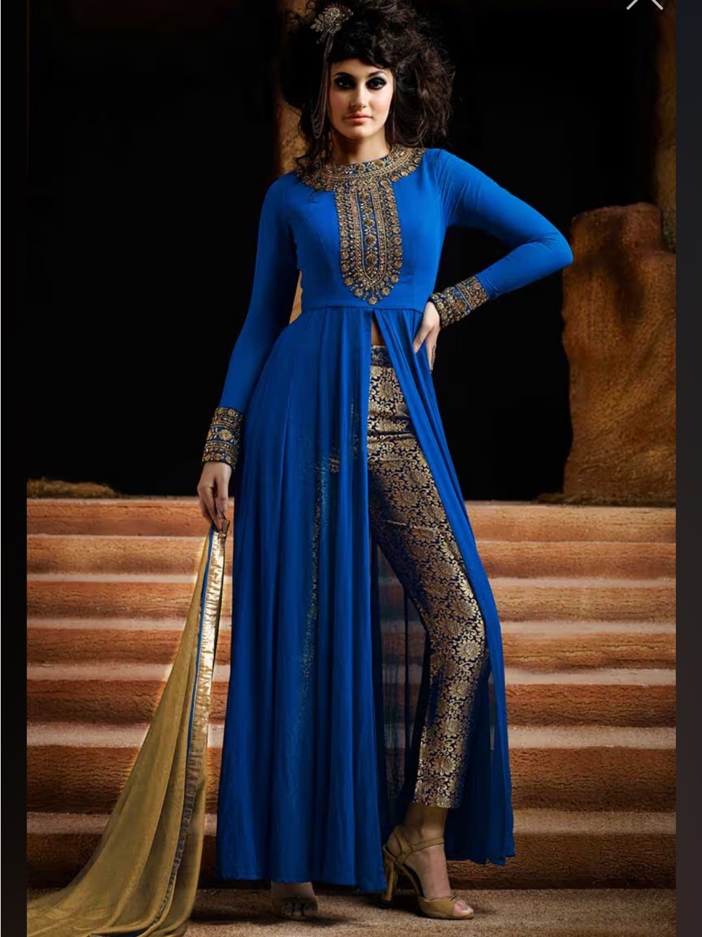 Blue Embroidered Long Tunic with Gold Brocade Pants